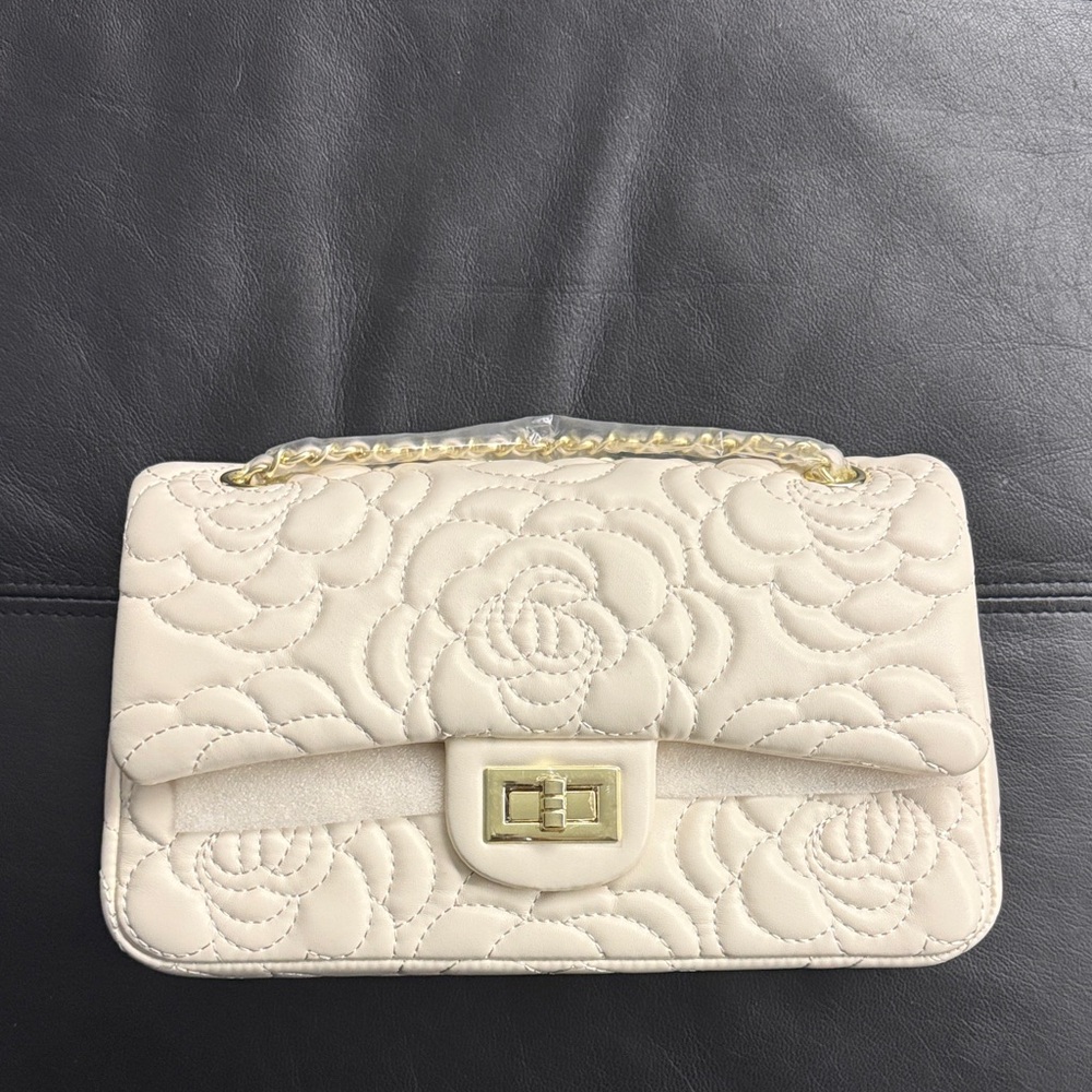 Elegant Cream Quilted Camellia Double Flap Handbag
